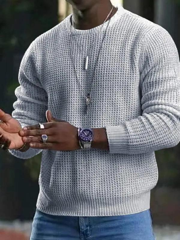 Apparel - Versatile Men's Waffle Knit Long-Sleeve Sweater - Thin Round - Men Shirts | MENLL